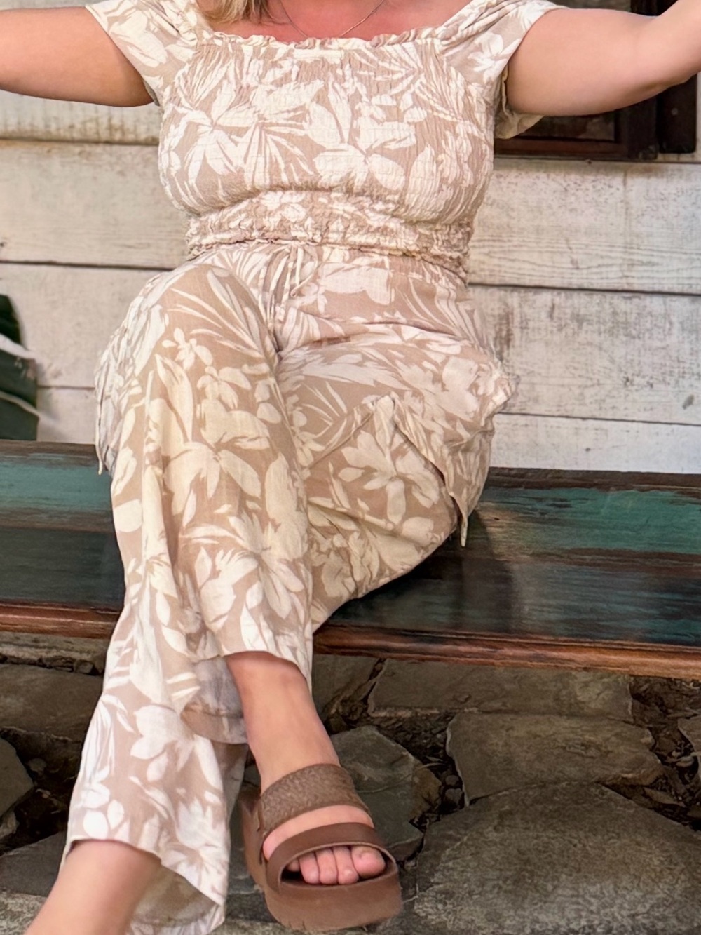 Beige Floral Wide-Leg Jumpsuit - Women's